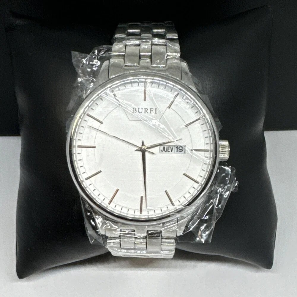 Burei S-13001M Men's Silver Stainless Steel Analog White Dial Quartz Watch JNA48